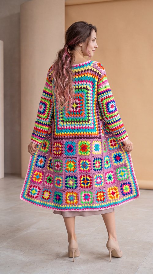 Granny Square Cardigan Crochet Pattern PDF, Long Boho Crochet Coat, Colorful Patchwork Cardigan