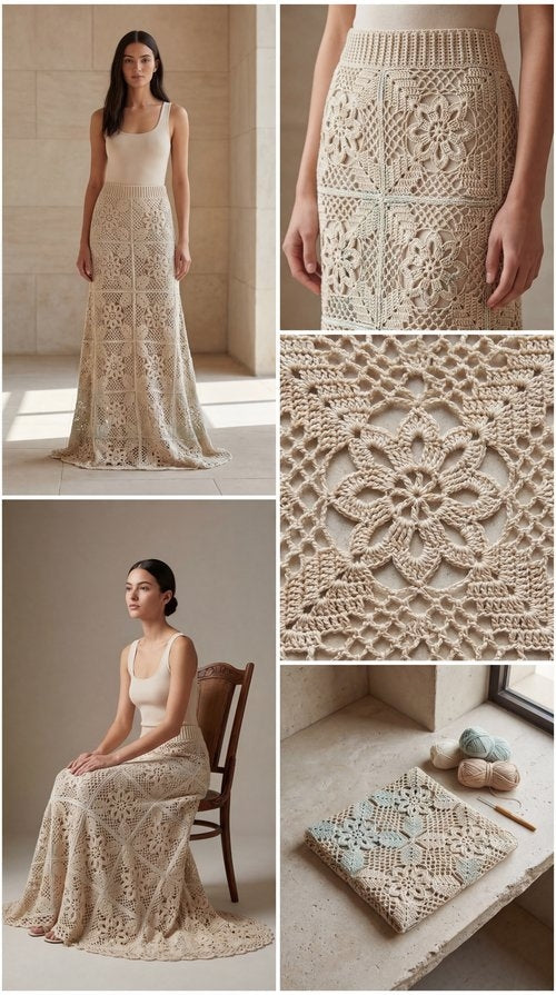 Handmade Crochet Maxi Skirt in Organic Natural Yarn