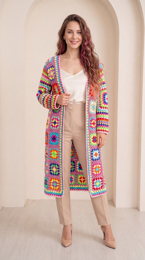 Granny Square Cardigan Crochet Pattern PDF, Long Boho Crochet Coat, Colorful Patchwork Cardigan