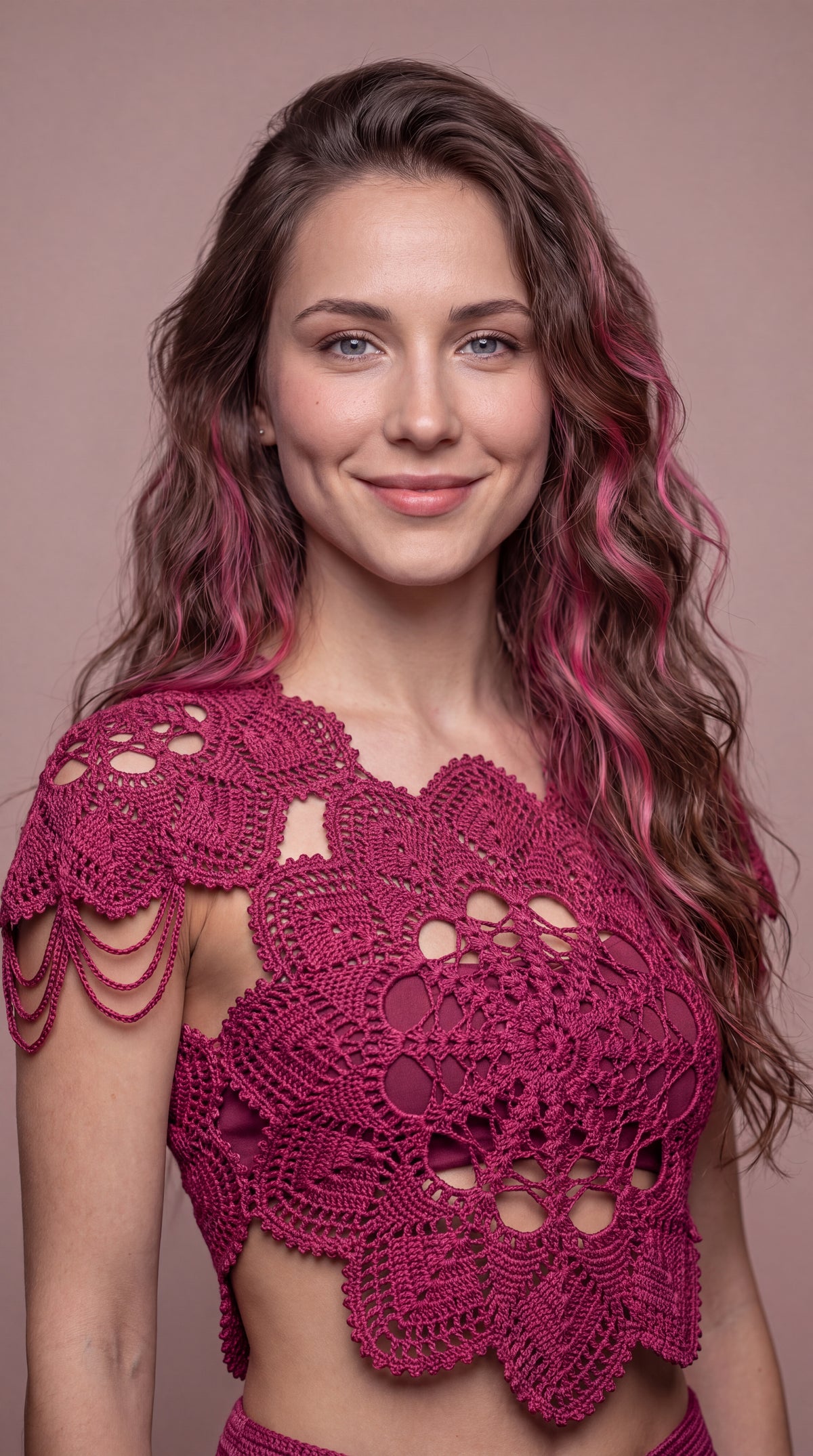 Berry Crochet Lace Top with Draped Shoulder Chains
