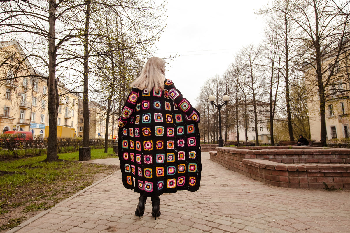 Handmade Granny Square Crochet Coat & Scarf Set — 100% Argentinian Wool