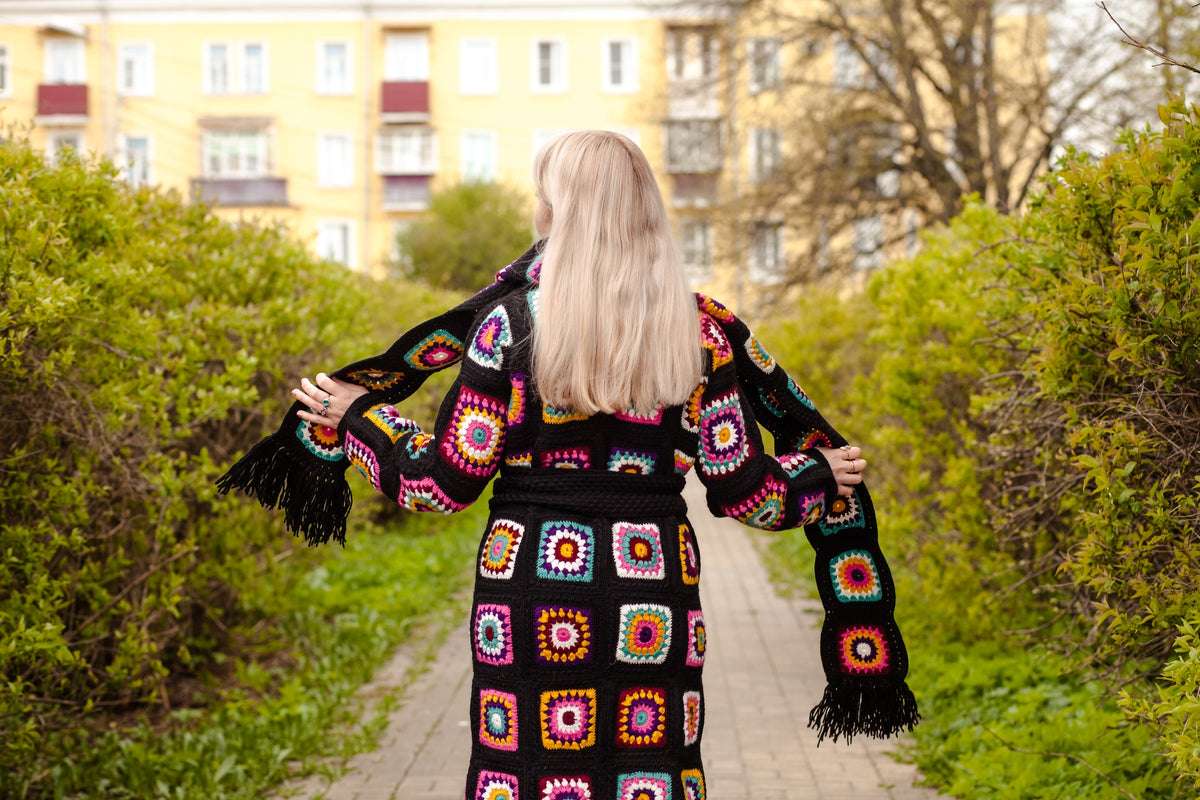 Handmade Granny Square Crochet Coat & Scarf Set — 100% Argentinian Wool