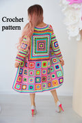 Granny Square Cardigan Crochet Pattern PDF, Long Boho Crochet Coat, Colorful Patchwork Cardigan