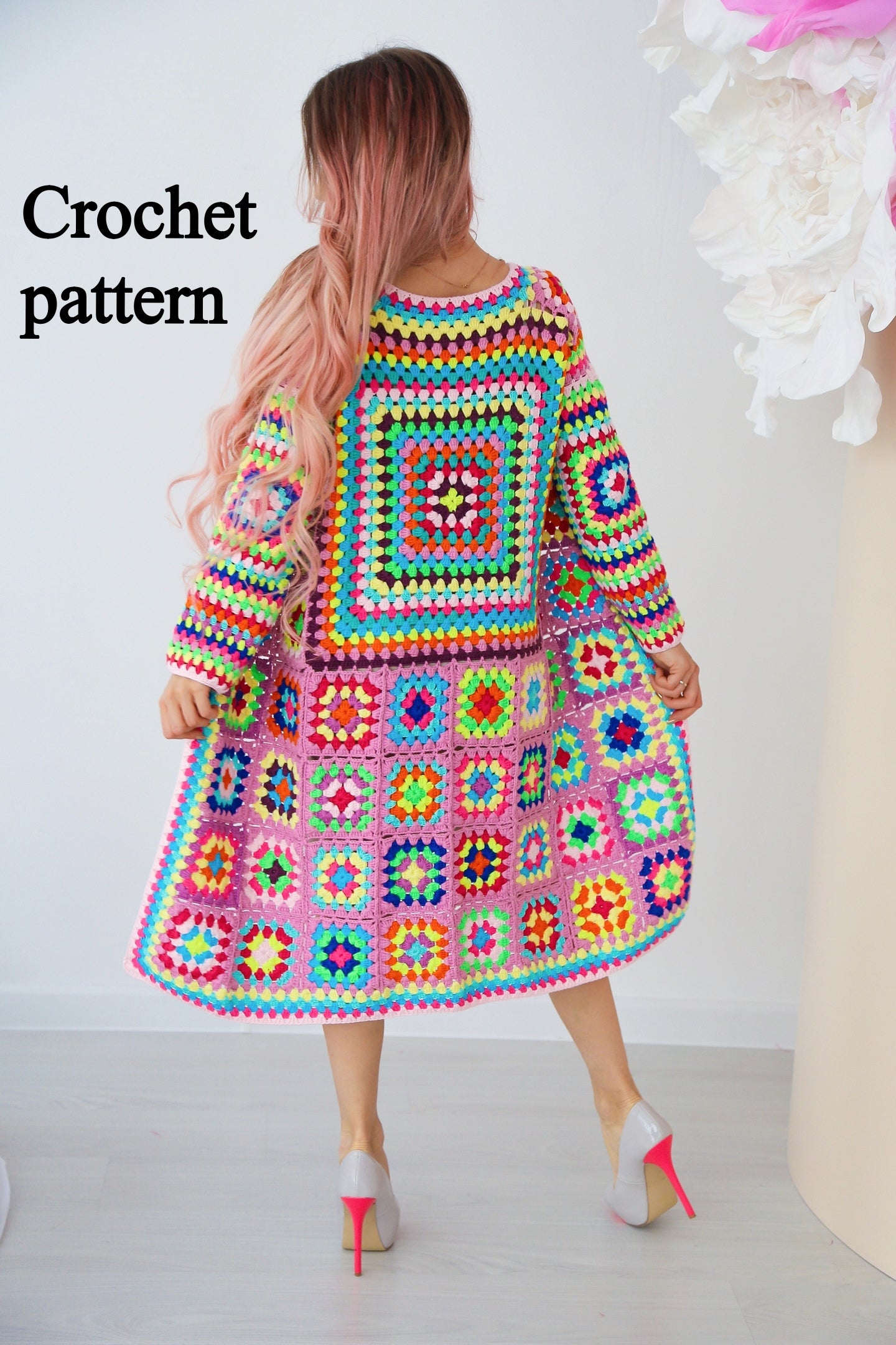 Granny Square Cardigan Crochet Pattern PDF, Long Boho Crochet Coat, Colorful Patchwork Cardigan
