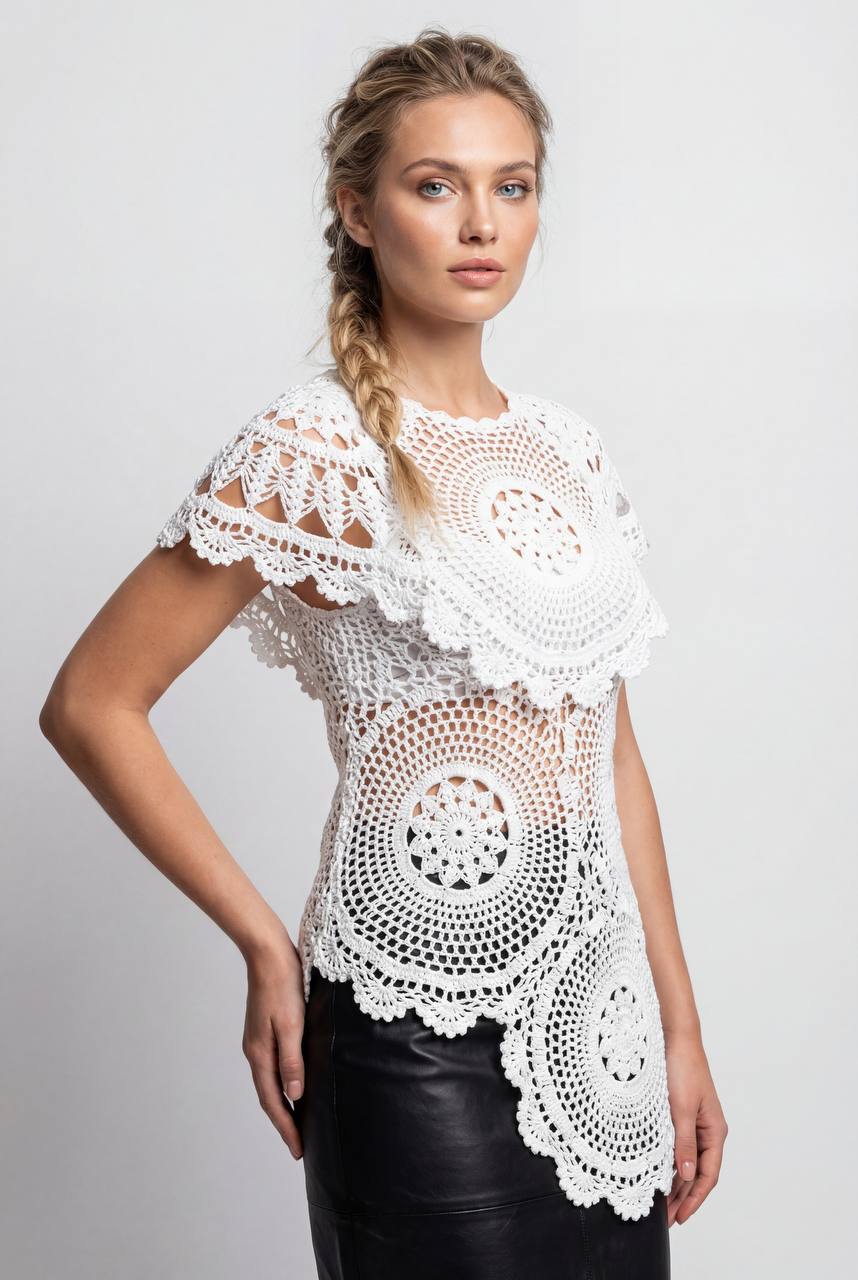 White Crochet Longline Top | Luxury Openwork Top