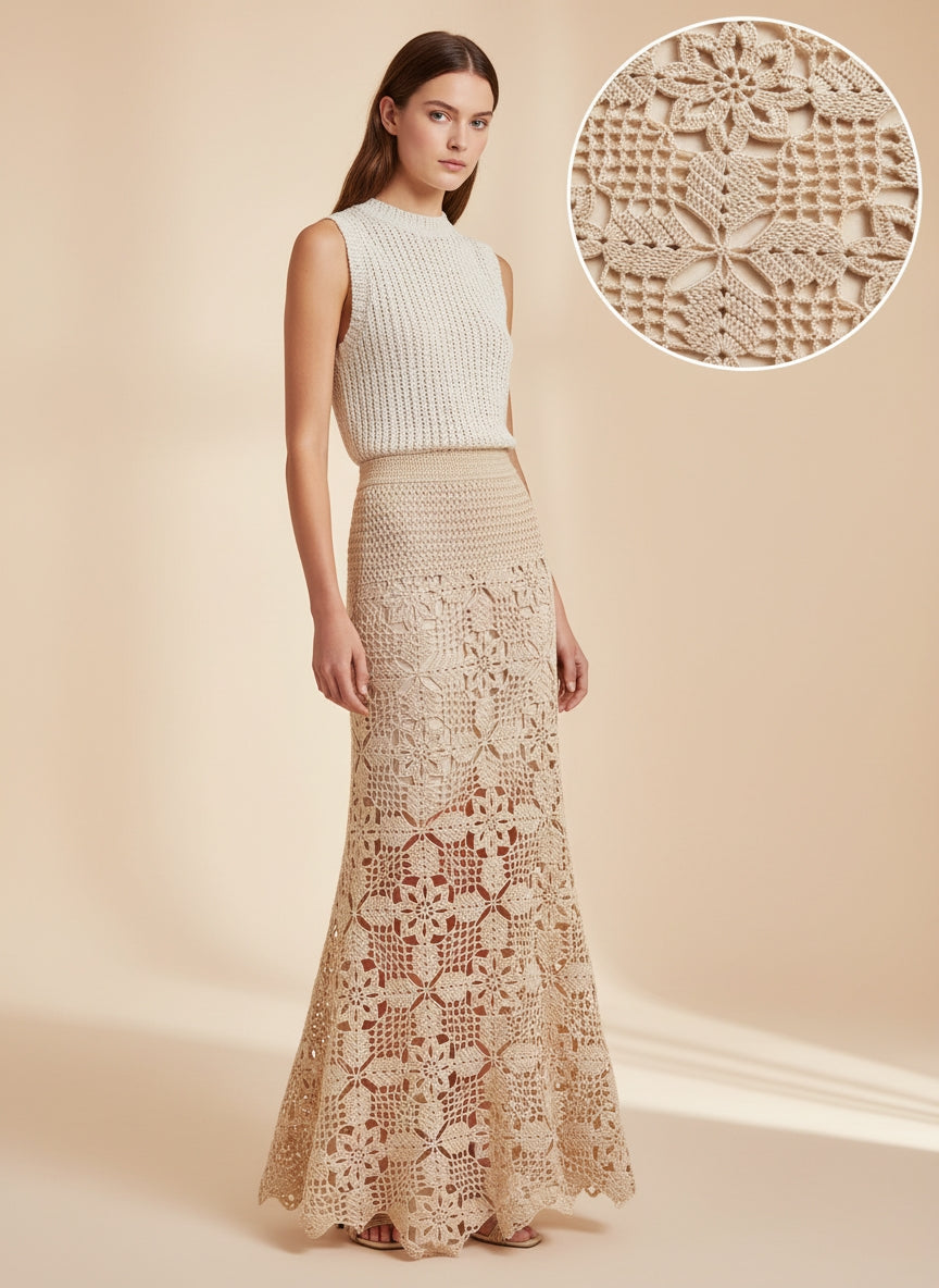 Handmade Crochet Maxi Skirt in Organic Natural Yarn