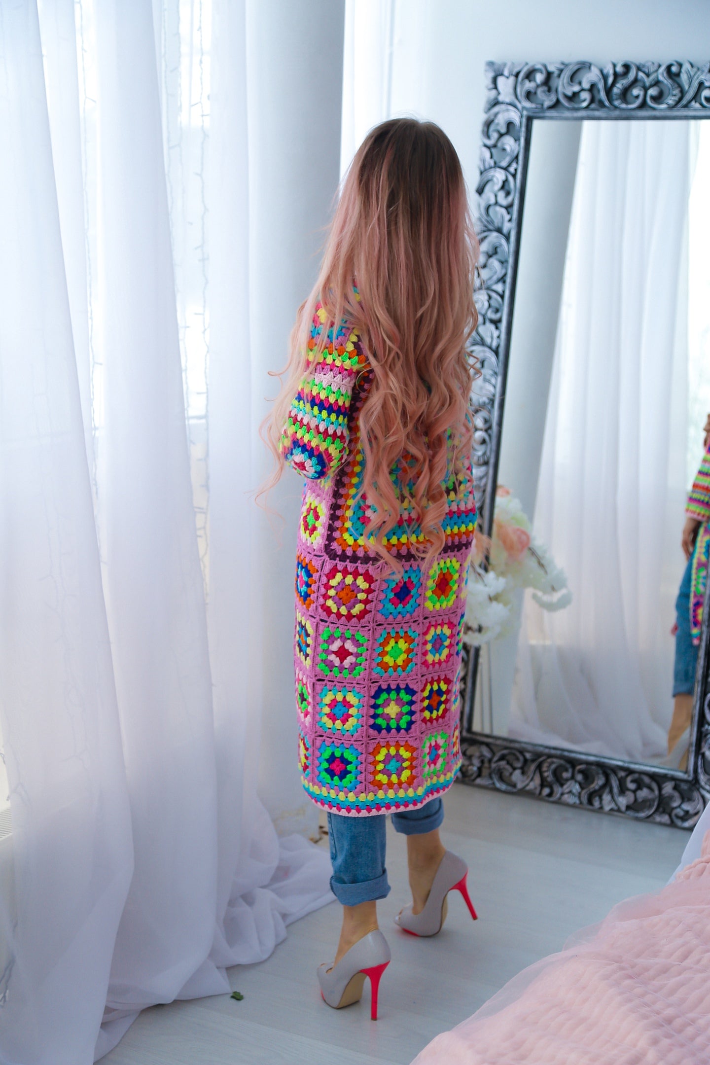 Granny Square Cardigan Crochet Pattern PDF, Long Boho Crochet Coat, Colorful Patchwork Cardigan