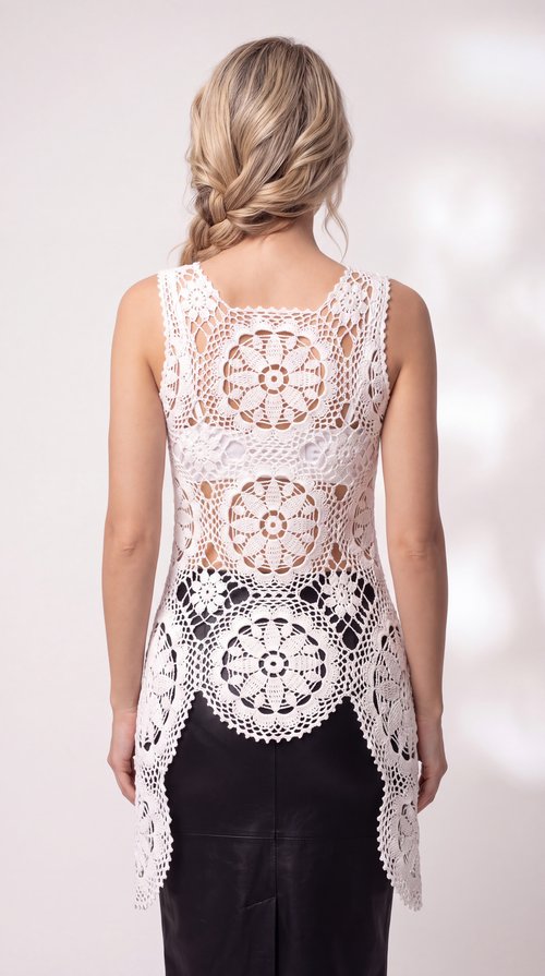White Italian Cotton Crochet Longline Top | Luxury Openwork Top