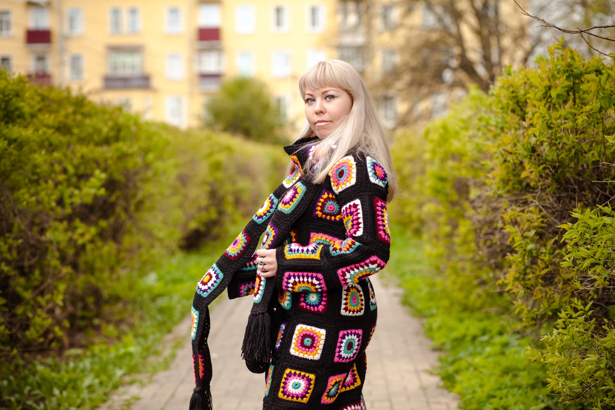 Handmade Granny Square Crochet Coat & Scarf Set — 100% Argentinian Wool