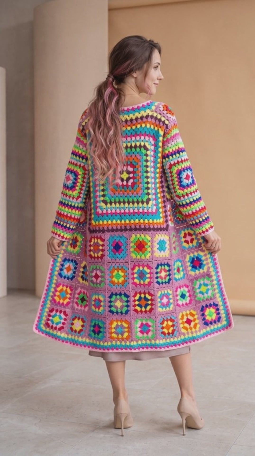 Granny Square Cardigan Crochet Pattern PDF, Long Boho Crochet Coat, Colorful Patchwork Cardigan