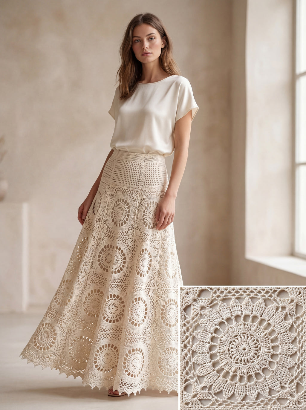 Handmade Crochet Maxi Skirt in Organic Natural Yarn