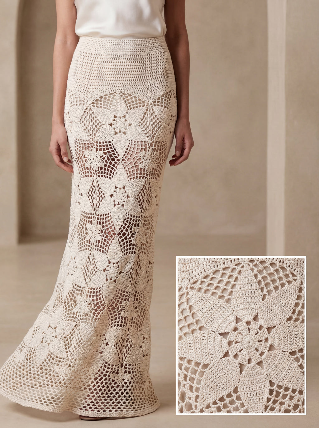 Handmade Crochet Maxi Skirt in Organic Natural Yarn