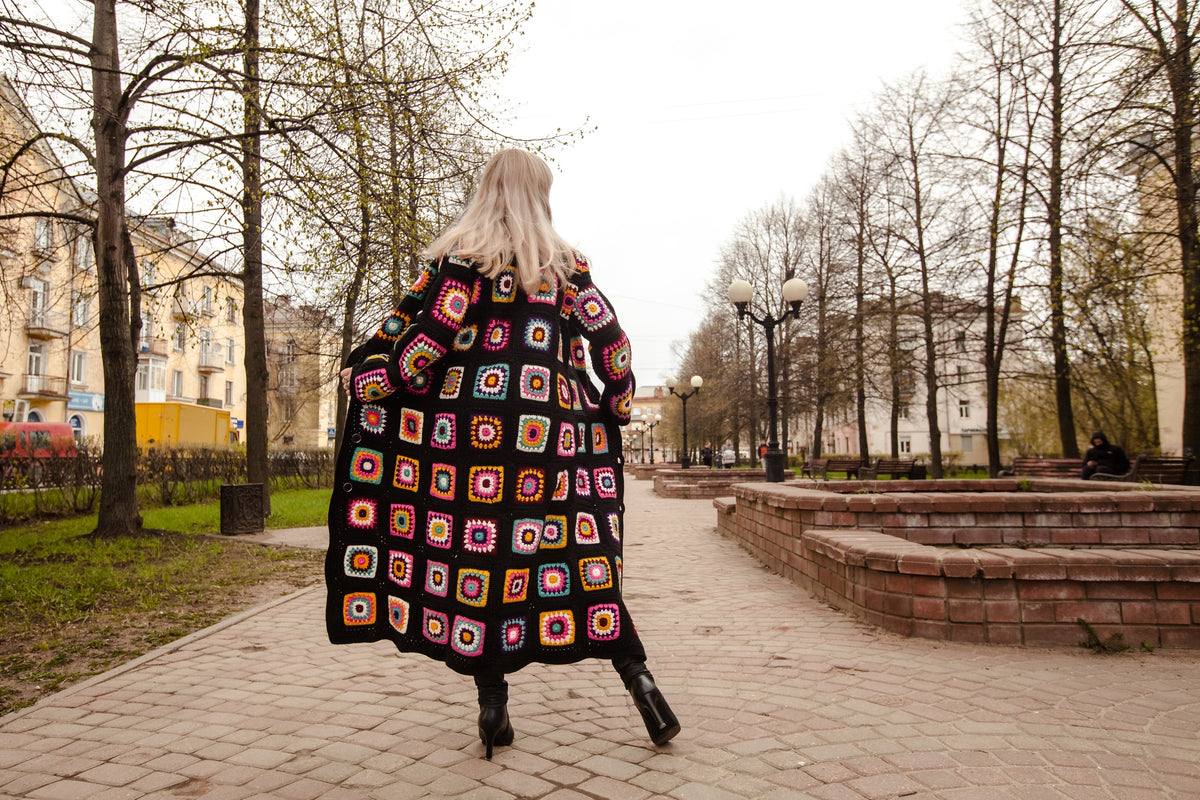 Handmade Granny Square Crochet Coat & Scarf Set — 100% Argentinian Wool